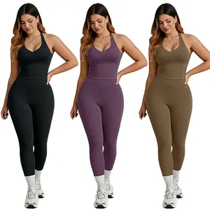 Women's 2pcs Quick-Dry Yoga Suit Set Cross Back Fitness Top & Leggings Professional Gym Training Outfit for Morning Runs Sportswear Workout Running Clothes