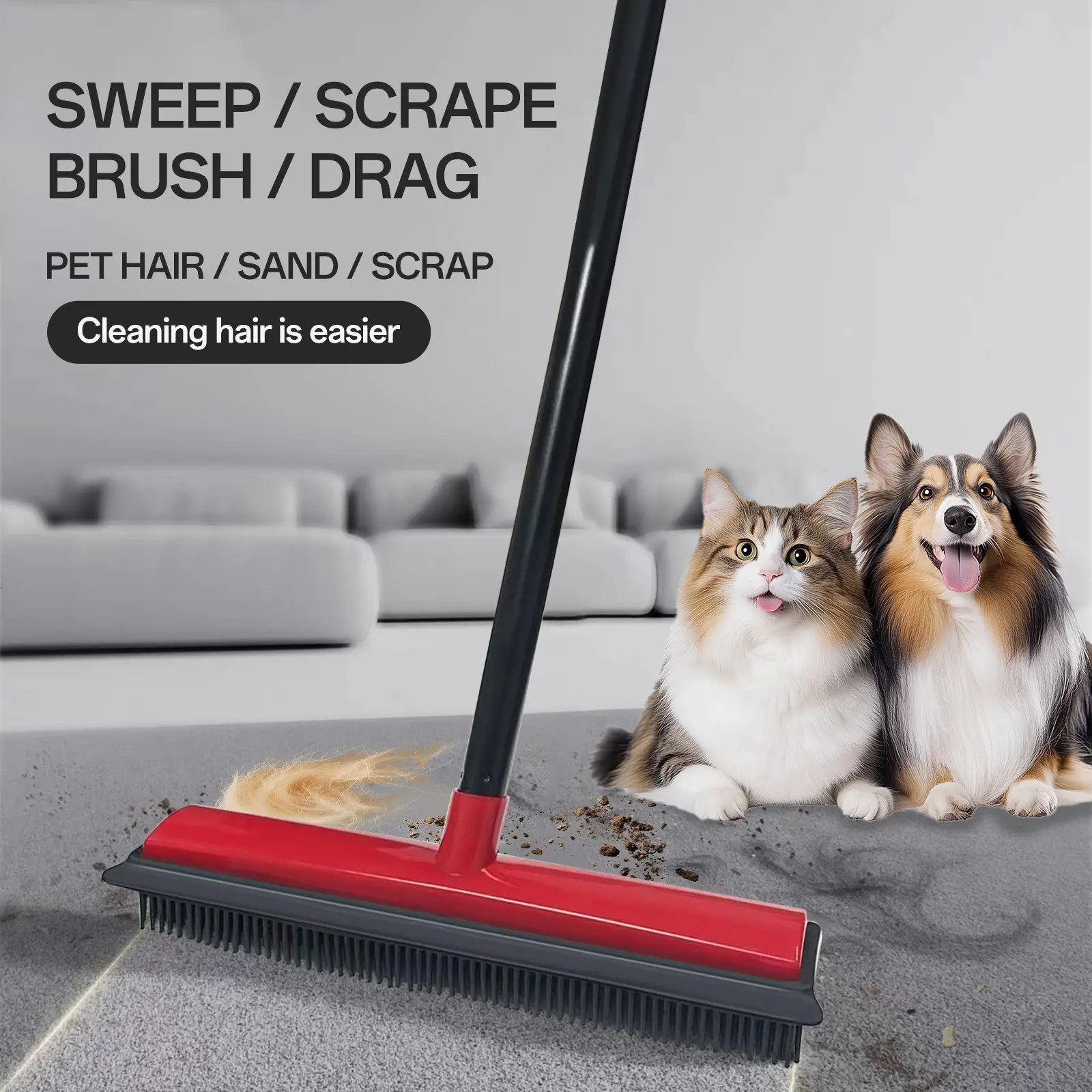 Natural Rubber Broom with Squeegee - 50" Long Handle, Versatile 2-in-1 Fur Removal Tool, Deep Clean Handheld Rake for Carpet, Ideal for Home Cleaning Supplies