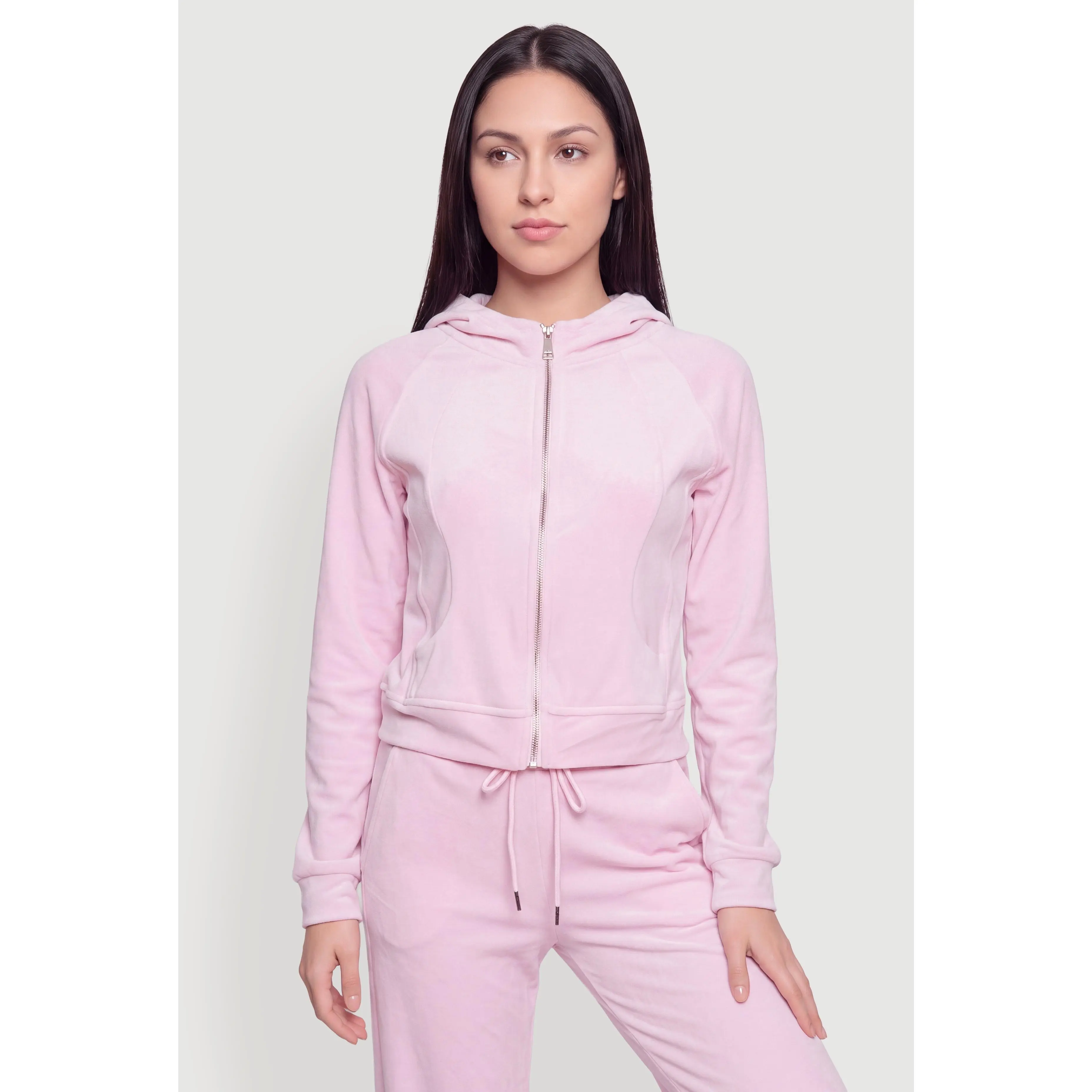 Velour Zip Front Hooded Sweatshirt
