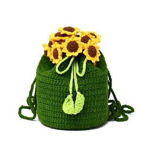 New 2026 Cross-Border Handmade Crochet Sunflower Drawstring Backpack Forest-Style Artistic Large-Capacity Knitted Backpack for Outdoor Adventures