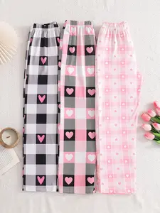 3 Pcs Girls' Plaid Pants Set, Plaid Print Pants, Heart Pattern, Valentine's Day Loose Wide Leg Pants, Loose Legged Pants, Soft Comfortable, Spring Fall Clothing