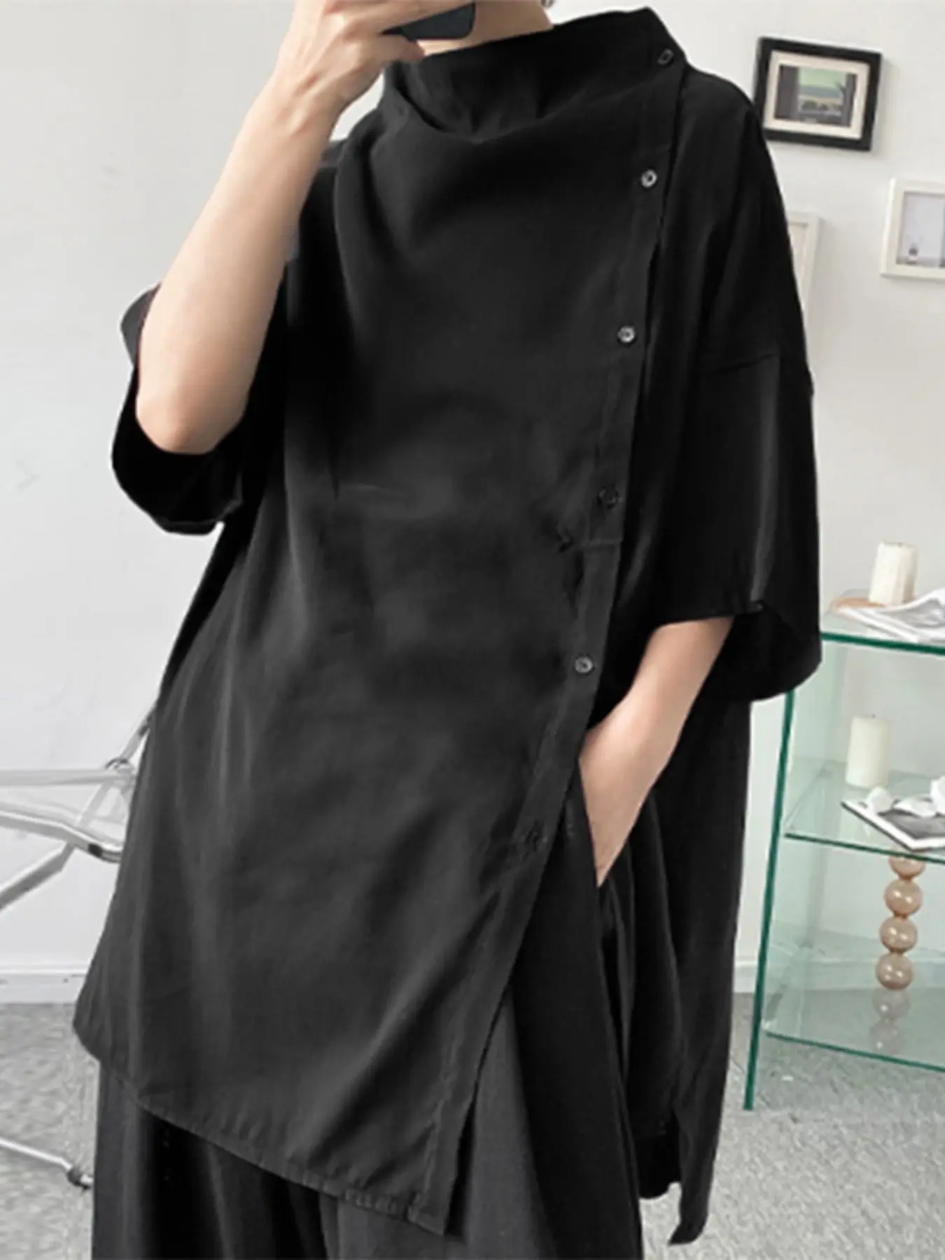 INCERUN Men's Fashion Solid Color Plain Long Casual Shirt, Half Sleeve Side Button Design, Transparent Shirt, Daily Wear, Fitted Style, Top
