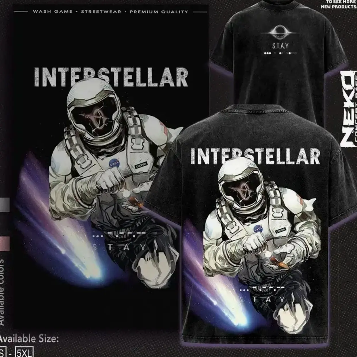 Menswear Classic Universe Comet Aesthetic Space Washed T-Shirt, Heavyweight Vintage Streetwear Graphic Tee, Loose-Fit Unisex Cotton Premium Short-Sleeve Top, Nolan Cinema Merch 53B