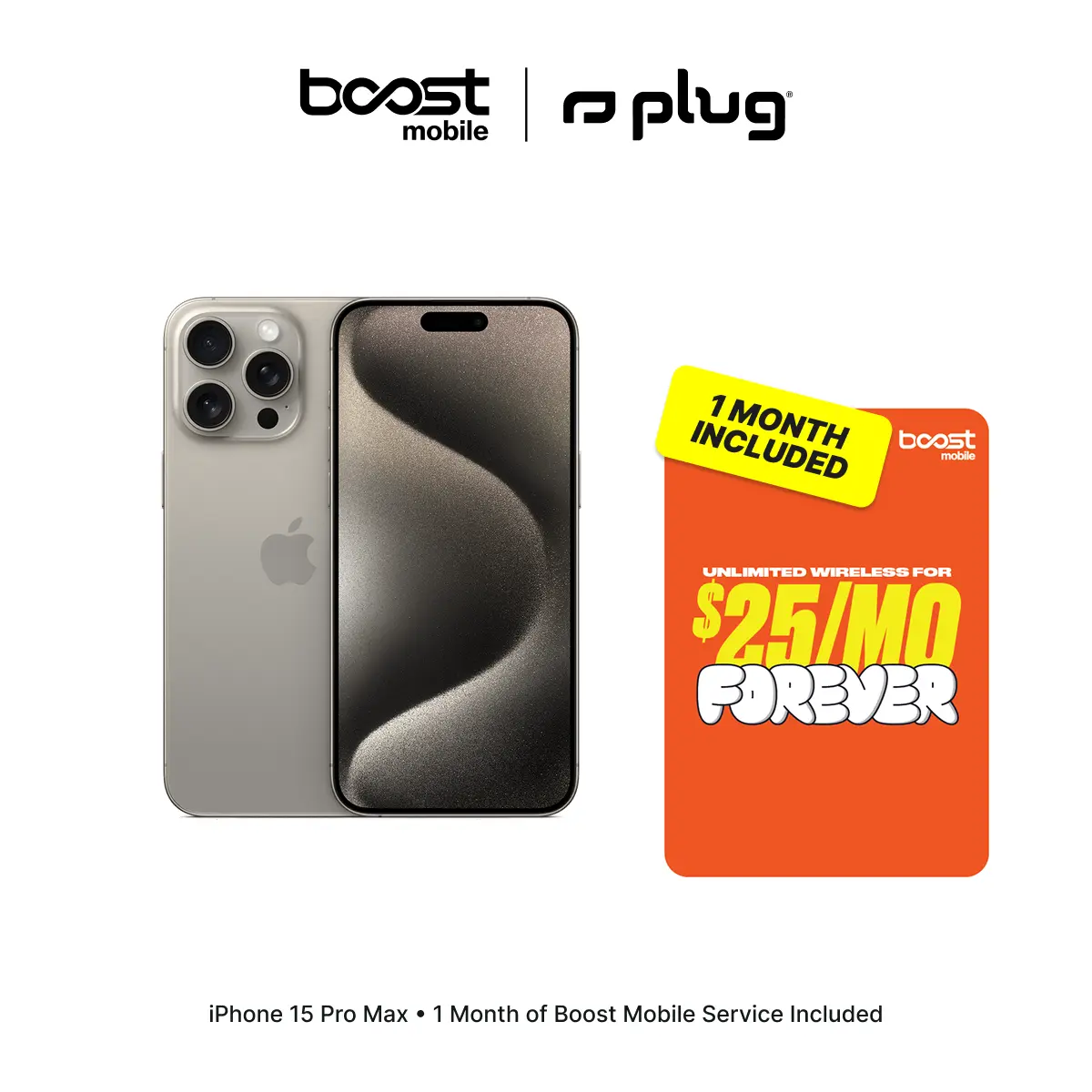 Refurbished Apple iPhone 15 Pro Max (Unlocked) + 1 Month of Unlimited Boost Mobile Service Included - Good Condition with 1-Year Warranty by Plug