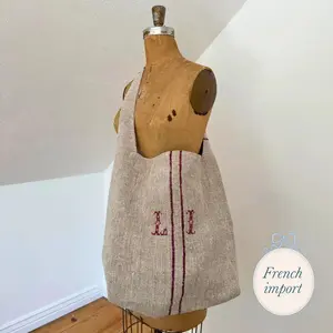 Sac Basique,  Linen Bag Antique Textile with L & I Embroidery