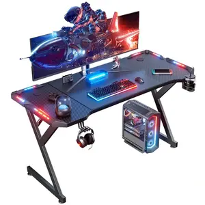 Black Carbon Fiber Gaming Desk, 55 Or 63 Inch Large Computer Table, Ergonomic PC Workstation With RGB LED Lights, Sturdy 1200 Lbs Capacity Steel Frame, Headphone Hook, Cup Holder, Noise Free, Easy Assembly