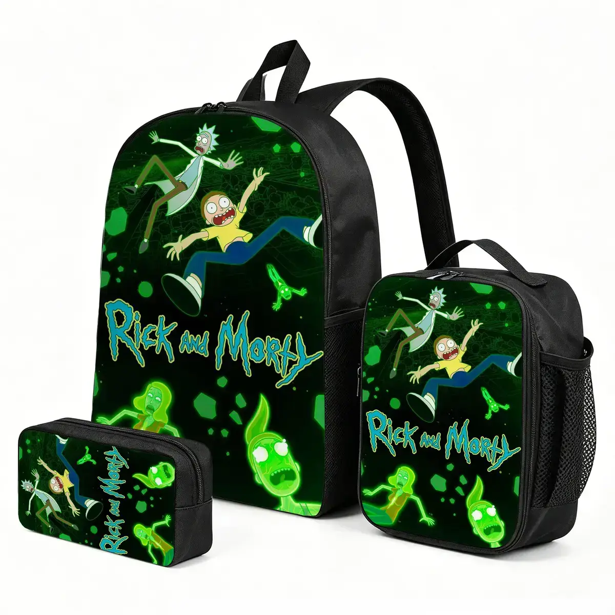Rick-and-Morty Cartoon Kids 3-Piece Backpack Set - Insulated Lunch Bag, Pencil Case Combo, Elementary School No-Wheels Daypack, Cute Print Travel Bag, 1 Size