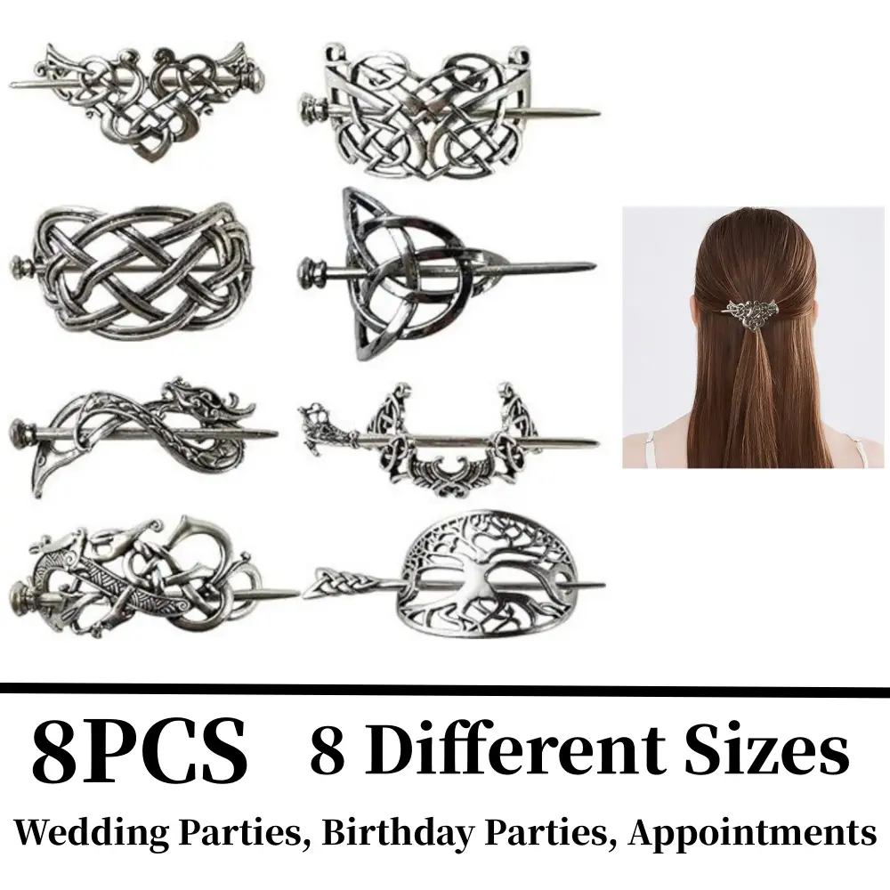 8PCS Retro Viking Hair Clips Set, Silver Metal Knot Hair Sticks and Minimalist Barrettes for Women