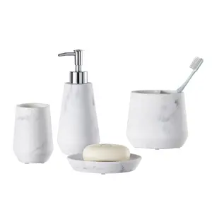 QL DESIGN 4 Piece Modern Bathroom Accessory Set with Marbled Style and Geometric Design Includes Lotion Dispenser, Toothbrush Holder, Tumbler, Soap Dish (Mordern Style Marble)