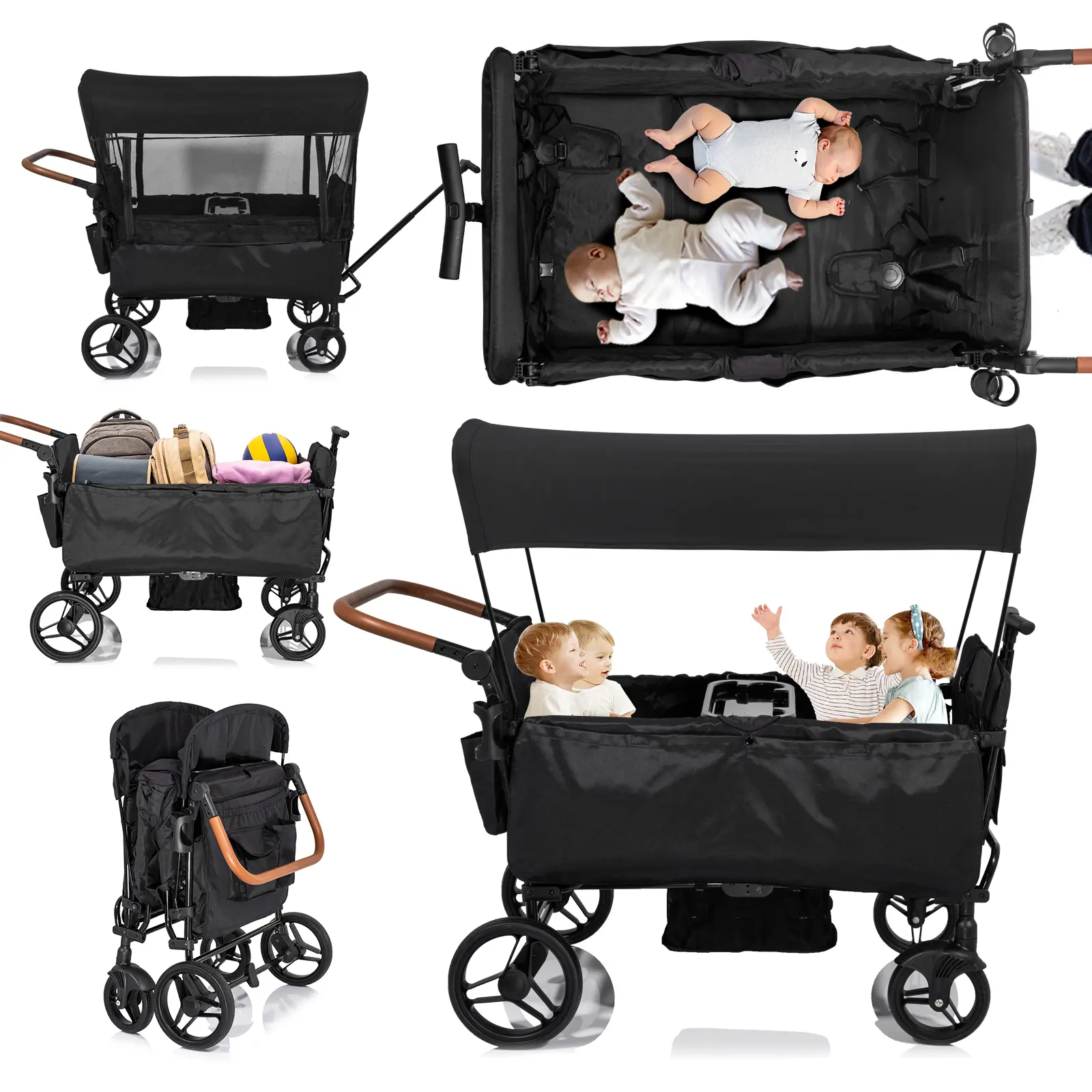 Wagon Stroller for 4 kids Lightweight folding baby stroller & with 5-Point Harness,Adjustable Handle Bar and Canopy,Footwells,Tray Table,Cup Holder
