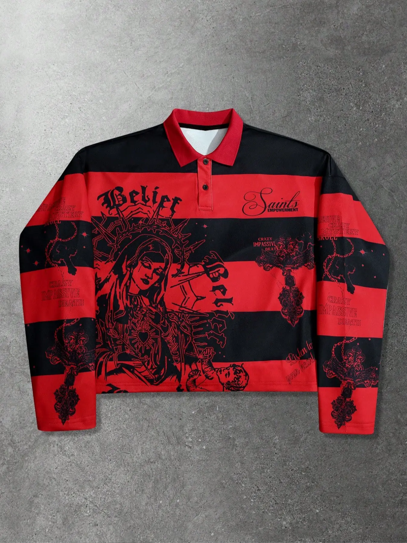 Men's Gothic Striped Fitted Collared Polo Shirt, & Stripes, Belief Saints Ethnic Cultural Graphic Prints, Long Sleeve, Streetwear Casual Style, Menswear, Fall Winter, Shirts Men