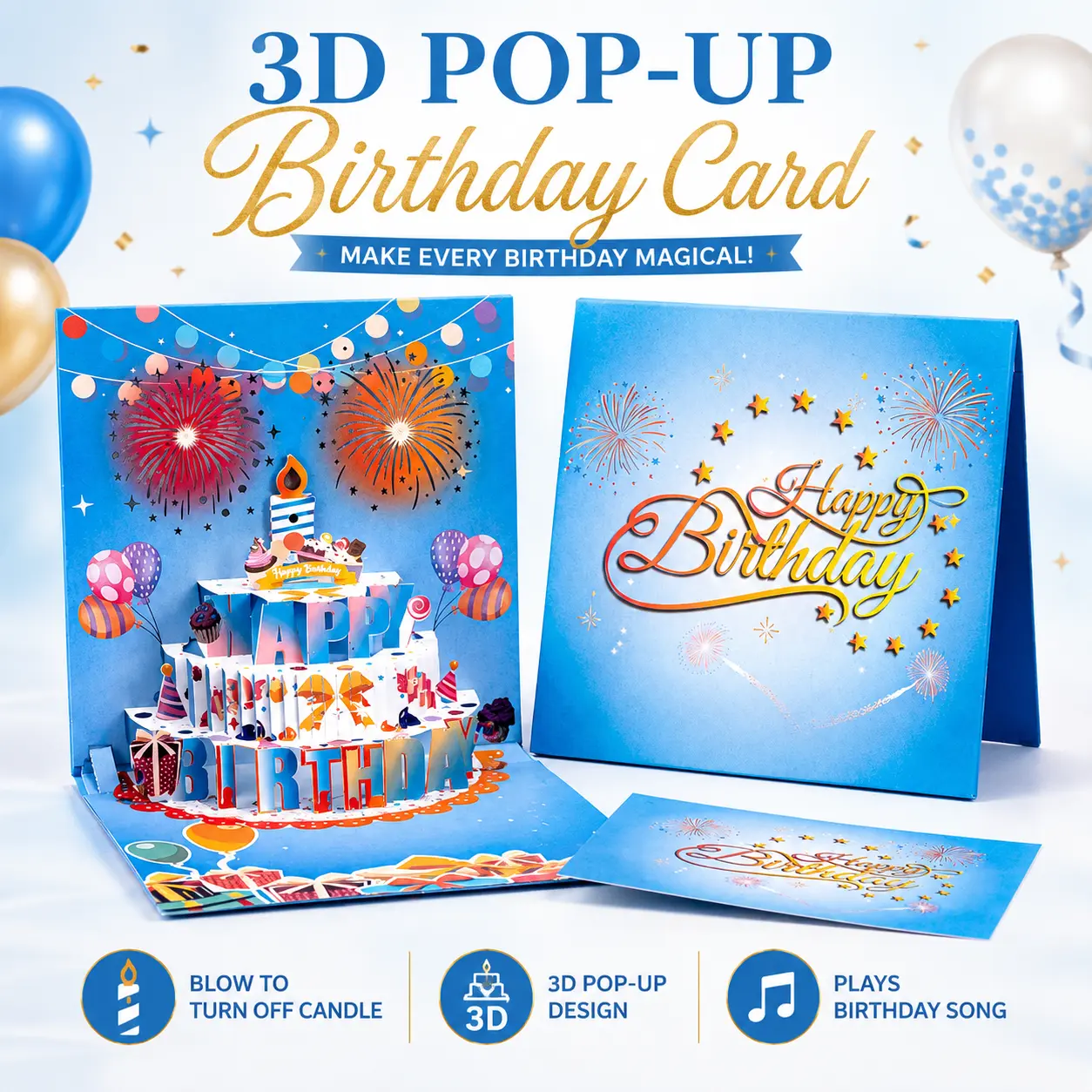 Pop Up Birthday Card - Musical Blowable Candle Light Up 3D Greeting Card with Happy Birthday Song, Interactive Paper Cake Card with Envelope for Kids, Girlfriend, Mom & Friends