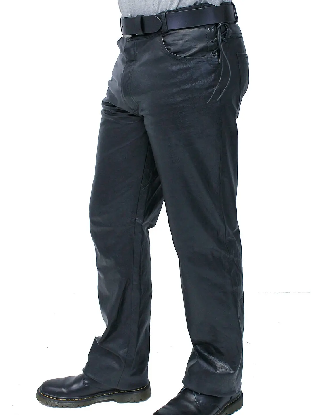JAMIN LEATHER® Men's Top Side Lace Leather Pants MP804LK Ultra Premium Cowhide Rawhide Lacing 5 Pocket Design Zip Fly Soft Nylon Lining - Menswear