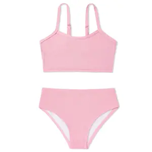 Girls Swimsuit 2-Piece Ribbed Bikini Set Adjustable Strap Bathing Suits for Teens Swimwear Solid