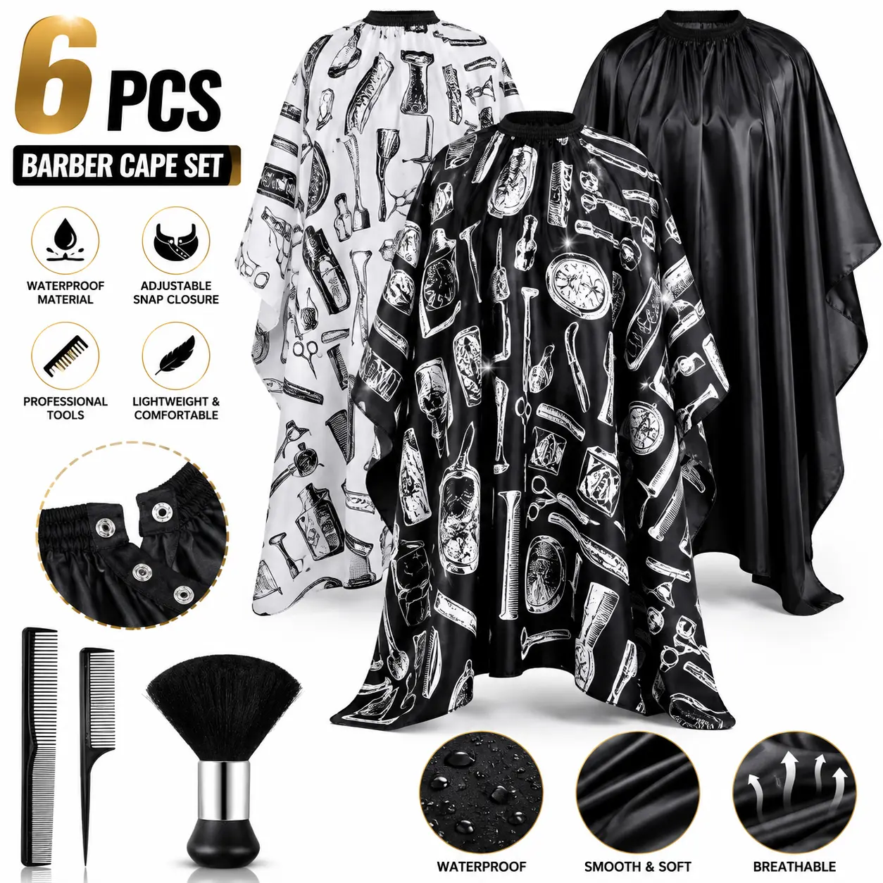 Professional 6-Piece Lightweight Durable Salon Barber Tool Kit - Daily Convenient Fiber Capes + Brush Multi-Pack, Waterproof Polyester Hair Cutting Cape, Neck Duster, Combs, Adjustable Snap Closure for Salon Stylists, Adults