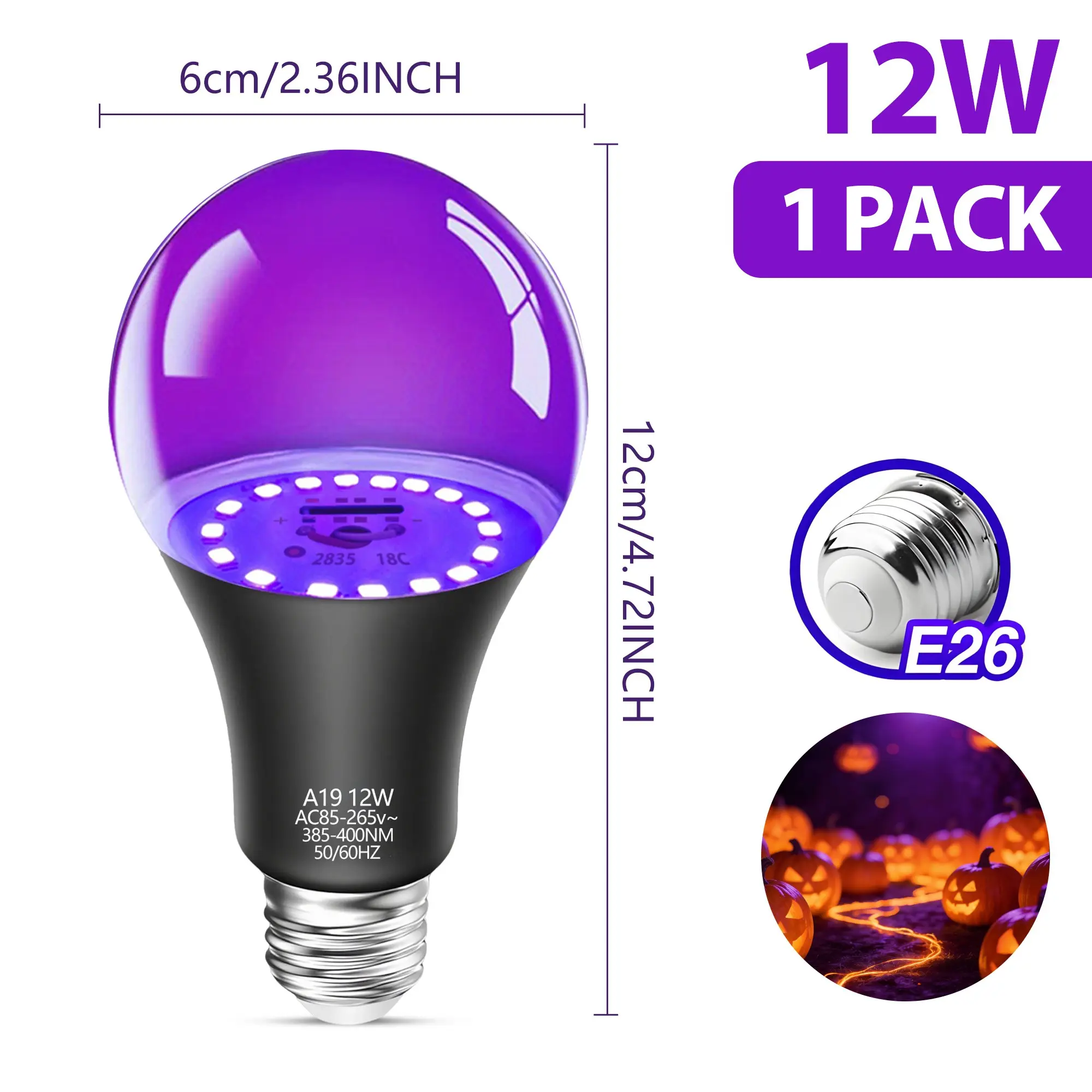 Kasotile LED Blacklight Bulb, LED Lights, Halloween Special 12w A19, Ultra-Bright Uva 385-400nm, Ideal for Body Art, Fluorescent Posters, Neon Parties, Black Light Party