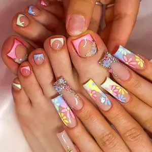 48 Pcs Pink Press On Nails Long Square & Press On Toenails Set - YEFIUO Spring French Fake Nails Press ons Nail Art Tips Glue on Nails Full Cover Acrylic Nail Kit False Toe Nails with 3D Flower Design