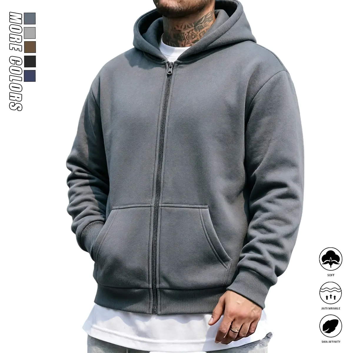 Men’s Casual Plain Solid Hooded Sweatshirt - Menswear Tops for Autumn/Winter, Thick Warm Comfortable Material, Classic Pullover, Loose Fit for Outdoor Activities & Everyday Errands