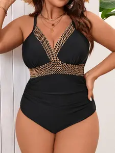 【Plus Size】V Neck One-Pieces, Sleeveless Backless Swimwear for Beach Vacation, Women's Swimsuit for Summer