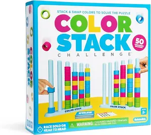 "Color Stacking Challenge" - A fast-paced color matching puzzle game suitable for fun parties and family game nights. It comes with 2 stacking frames, 50 challenge cards, 80 rings, and game instructions.