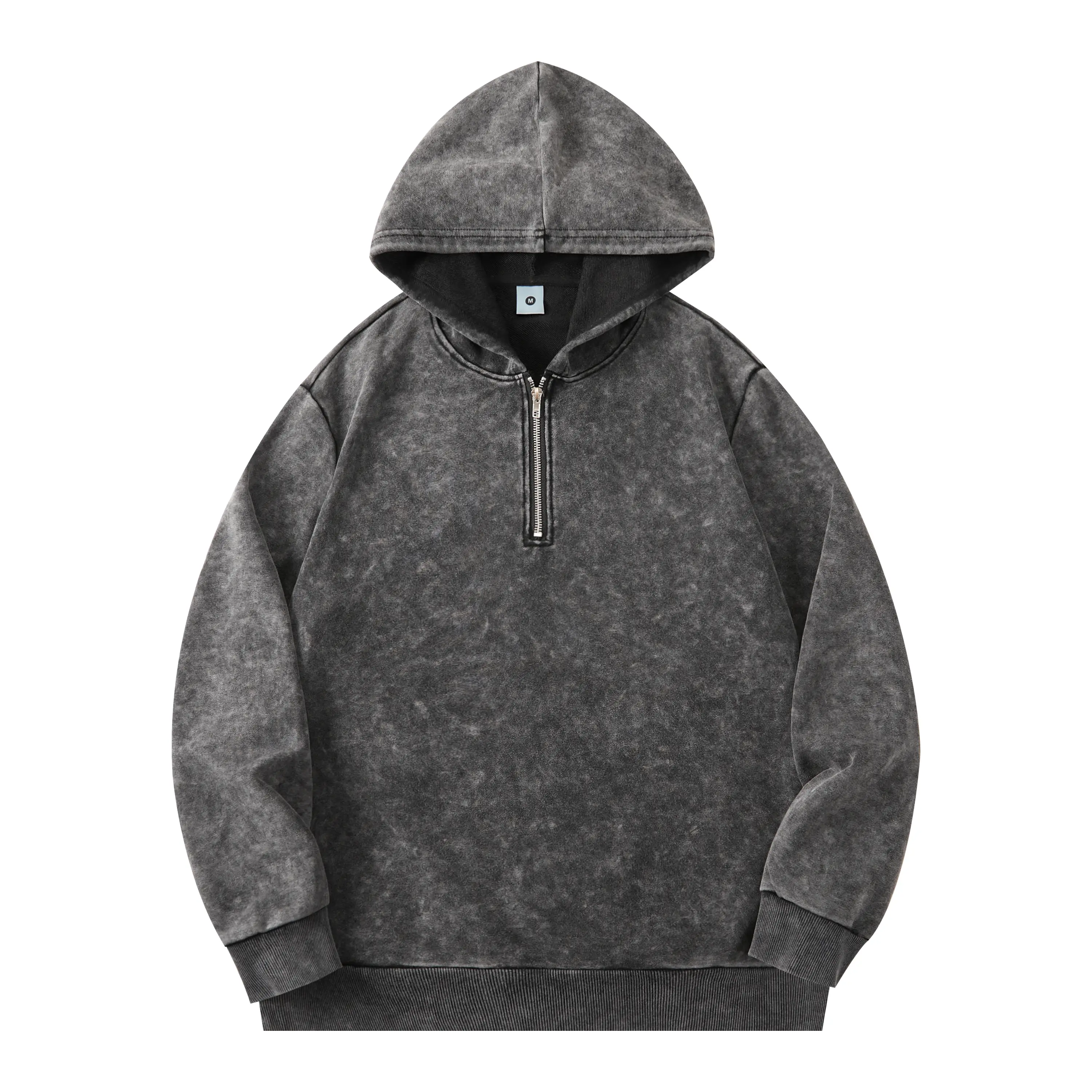 Men’s Y2K vintage acid-wash half-zip hoodie sweatshirt, washed-in distressed solid-color long-sleeve pullover with ribbed cuffs and hem, autumn/winter streetwear casual top Zip Up Jacket Zippered Jacket