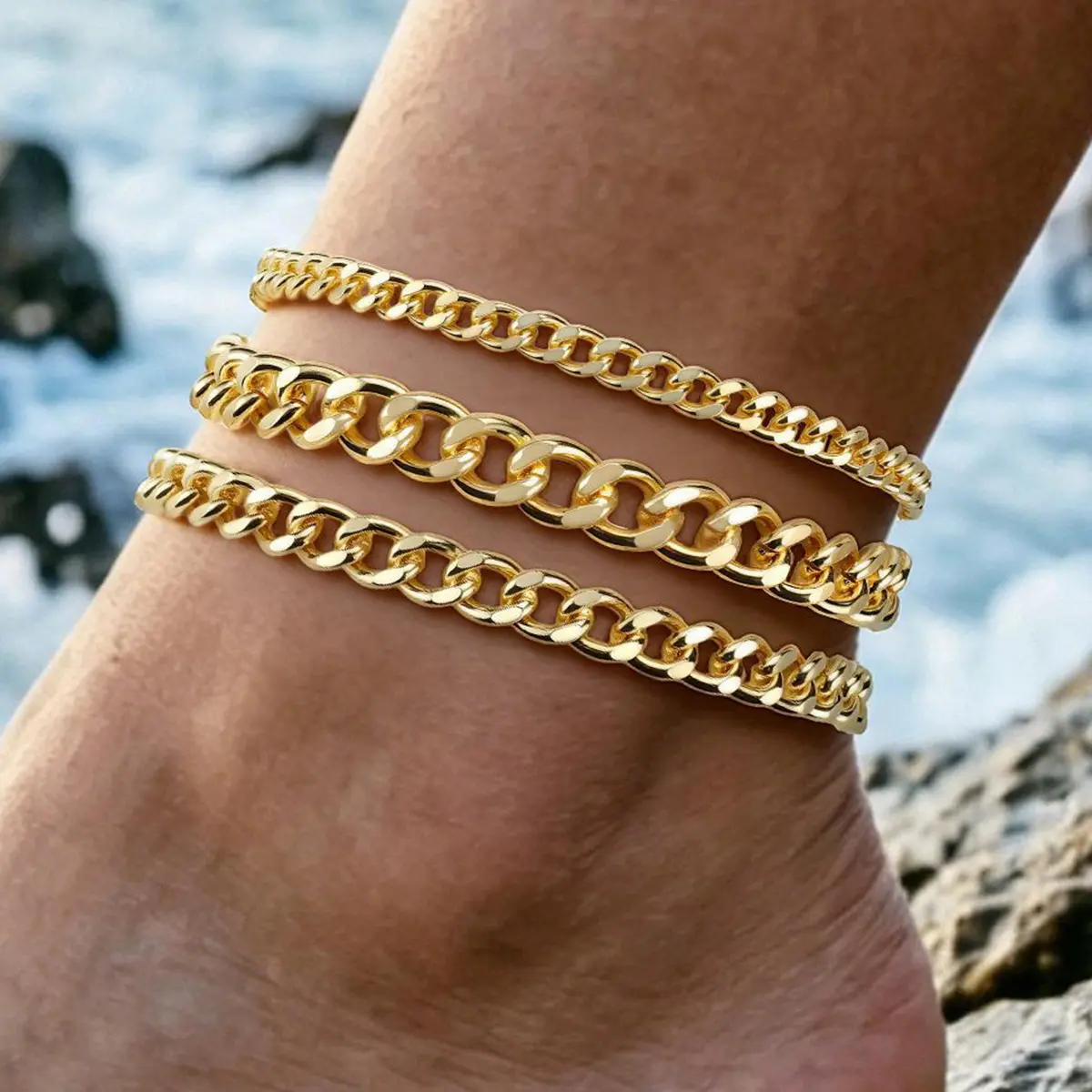 3PCS Stainless Steel Anklets Set for Women,Chunky Cuban Link Chain Layered Ankle Bracelet Set,Waterproof Adjustable Stackable Ankle Bracelets Set ,Summer Beach Foot Jewelry Gift