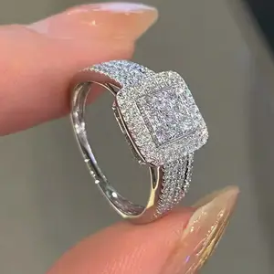 Solid 925 Sterling Silver Square Ring with Rhinestones, Luxury Cubic Zirconia Statement Ring for Women, Elegant All-Match Fine Jewelry, Anniversary Mother's Day Gift