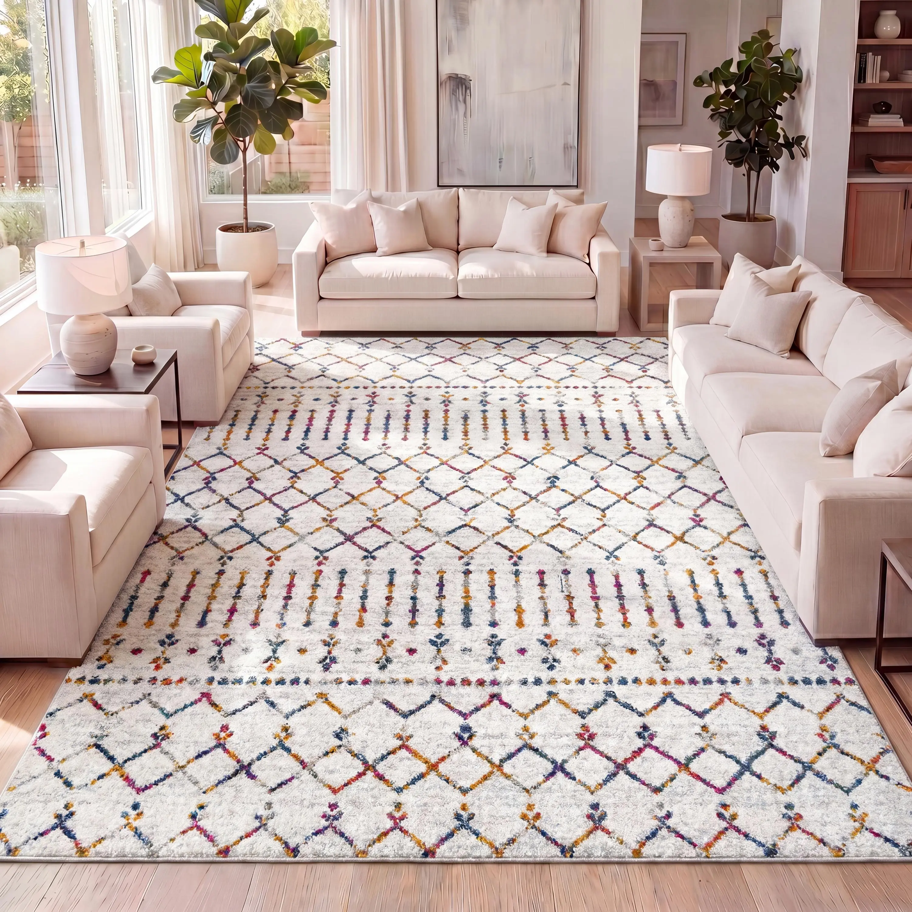 JONATHAN Y Moroccan Hype Polypropylene Indoor Area Rug - Cream/Multi, Vintage Design, Stripes, Diamond Motif, Durable Bohemian Style for Living Room, Bedroom, Available in Multiple Sizes