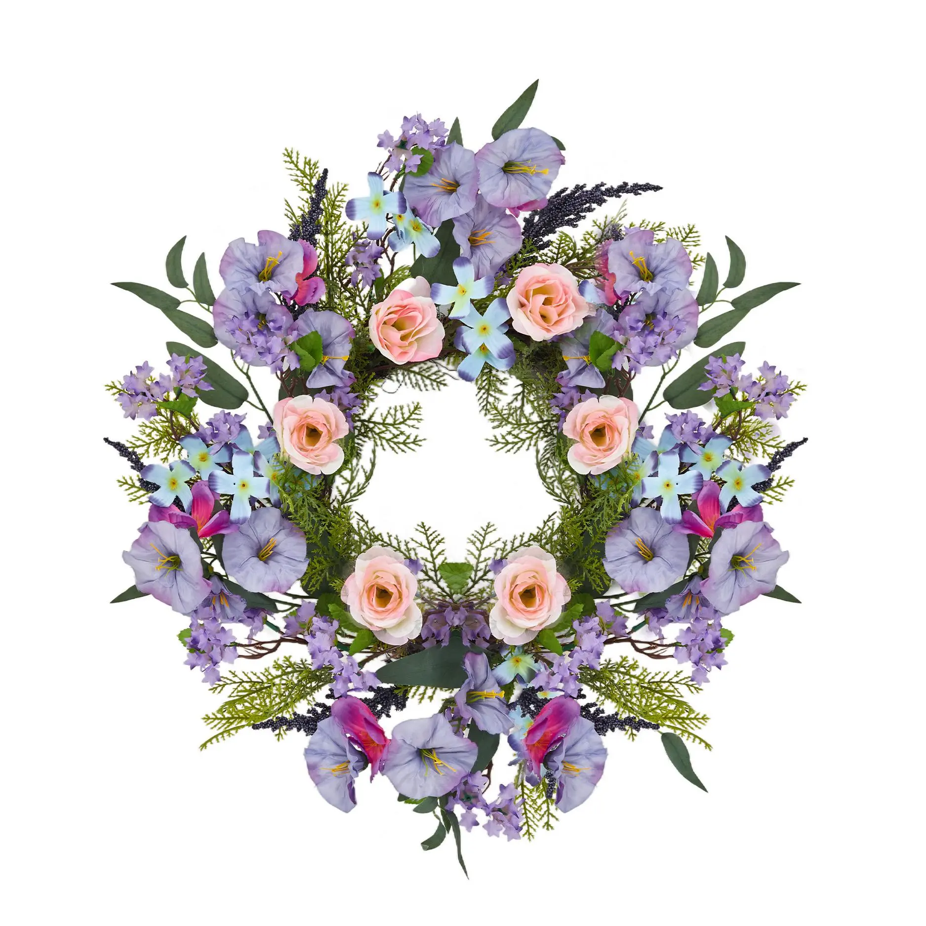20 Inch Artificial Summer Trumpet Rose Wreath, Lifelike Purple & Pink Floral Wreath, Durable PVC & PE Home Decor for Front Door or Farmhouse Wall