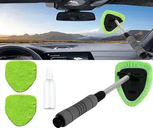Windshield Window Cleaner Tool, Windshield Cleaner Car Windshield Cleaning Tool with Reusable Microfiber Pads Glass Wiper Kit with Extendable Handle Car Window Cleaner for Car Cleaning (1, Green)