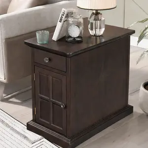 ARCH Vintage Living Room End Table Side Table with USB Ports and Drawer Cup Holders, Solid Wood Antique Brown, 24.3Wx14Dx23H, Chairside Storage Cubby, Remote Slot, Lift Top, 3-Outlet Power Strip, Single Box, Antique brown Color Options