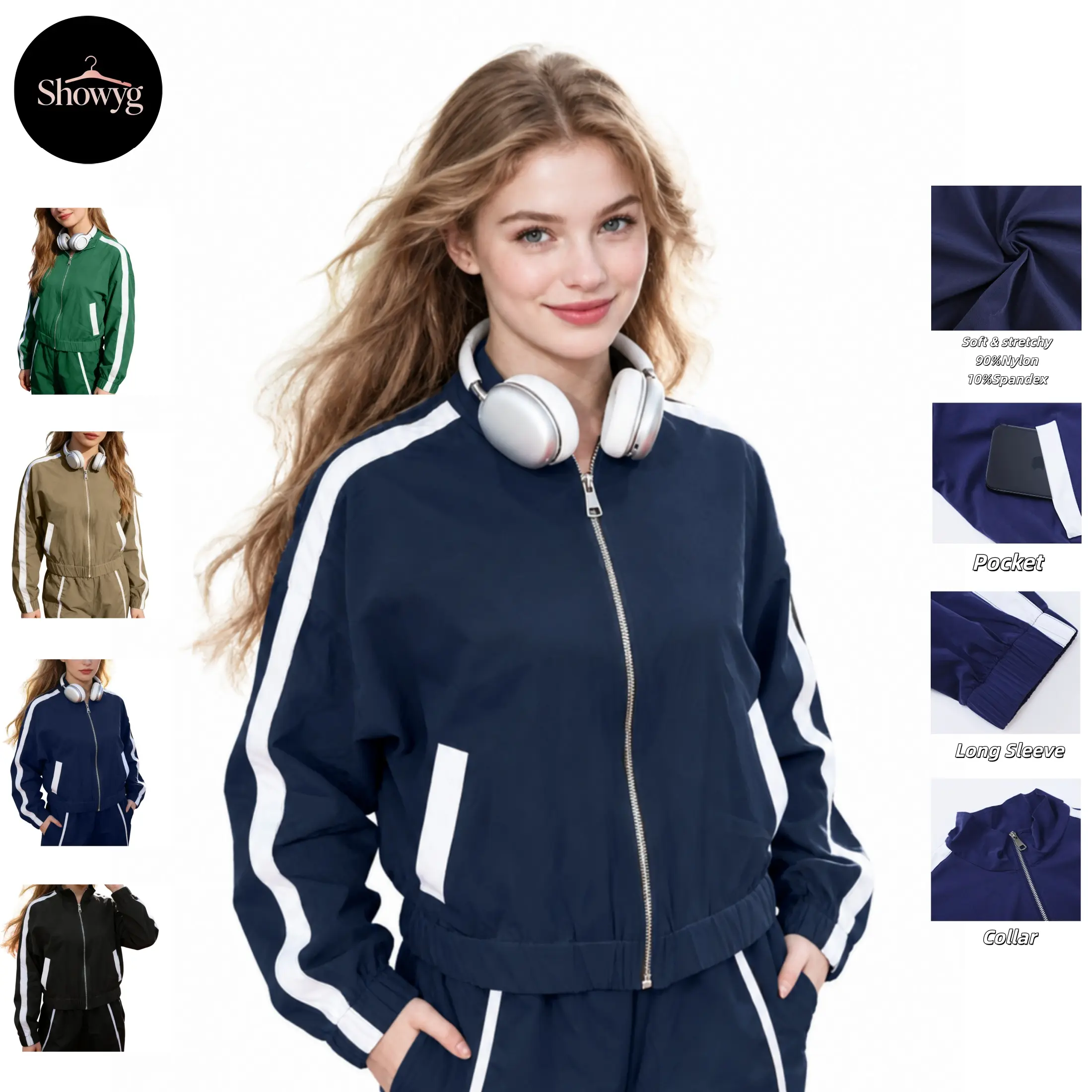Showyg Women's Striped Zip Up Tracksuit Jacket, 90% Nylon 10% Spandex Long Sleeve Athletic Bomber Jacket, Stand Collar Windbreaker, Casual Outerwear for Workout, Running & Daily Wear