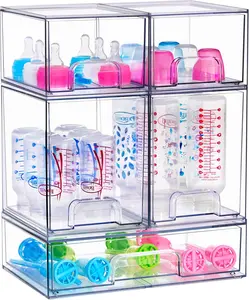 Stackable Acrylic Storage Drawers – 2 Small + 2 Tall + 1 Wide – 5 Pack Clear Plastic Organizer Bins for Baby Bottles, Makeup, Bathroom & Vanity, Pull-Out Drawer Design for Kitchen Cabinets