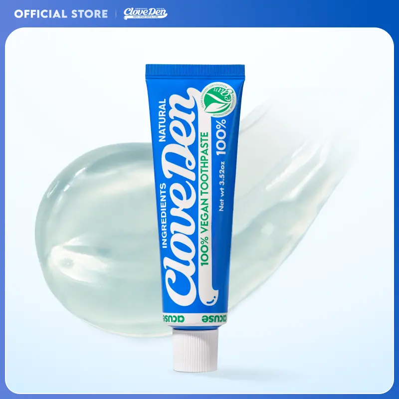 CloveDen Vegan Fluoride Toothpaste - Herbal Gum Care with Clove & Tea Tree, Anti-Plaque & Tartar Control, Targets Odor-Causing Bacteria, Gentle for Sensitive Teeth, SLS-Free, Lemon Mint, 3.52oz / 100g