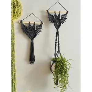 Black Gothic Polyester Macrame Bat Hanging Plant Holder - Wall Decor, Living Room Wall Art, Spooky Halloween Home Supply