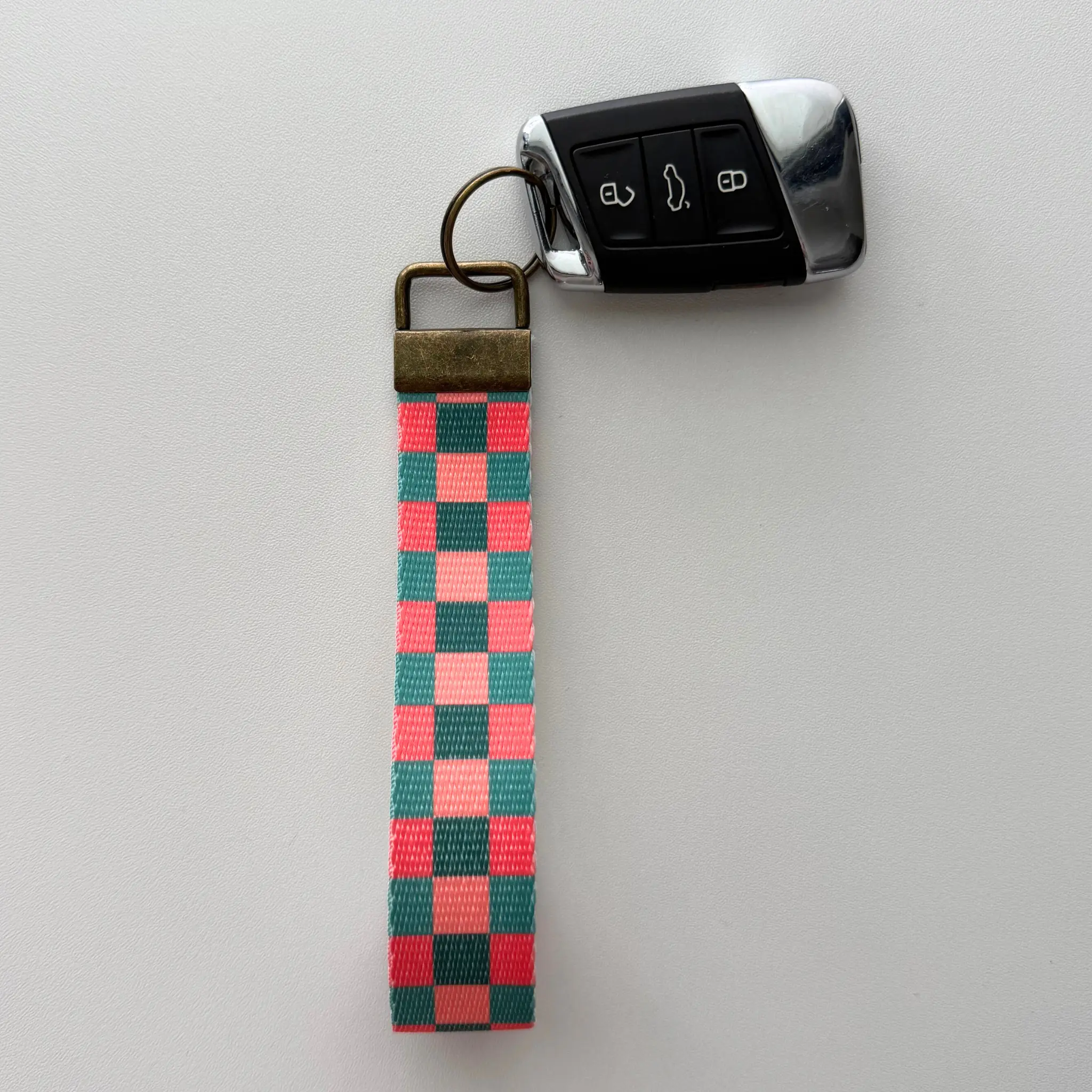 Pink/Teal Checkered Key Fob Wristlet | Antique Brass Hardware