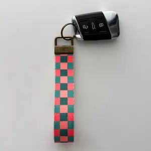Pink/Teal Checkered Key Fob Wristlet | Antique Brass Hardware