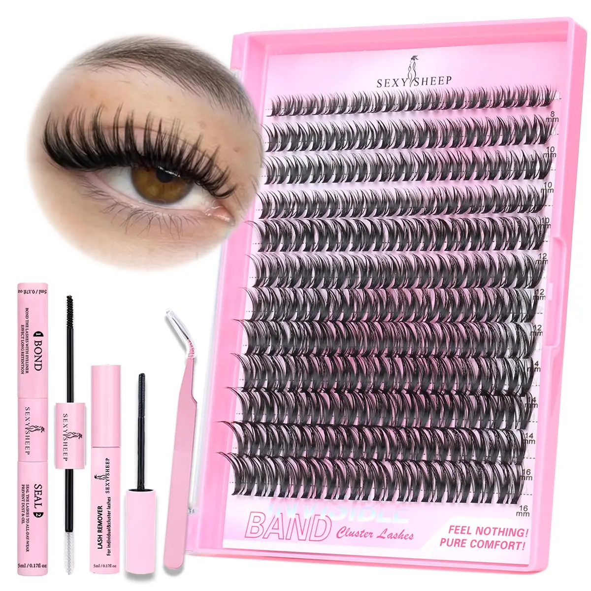 Lash Clusters Kit, Eyelash Extension Supplies with Long-lasting Lash Bond and Seal, Eyelash Glue,Tweezers, Cosmetic Makeup Tool, DIY Lash Tools and Remover for DIY Eyelash Extension at Home for Natural Makeup Girl Gifts