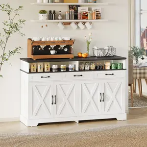 A [Shipping by 2 Packages] FUSOU 63'' Buffet Cabinet with Storage, Farmhouse Sideboard Cabinet with Charging Station, Coffee Bar Cabinet, Sideboard Buffet Cabinet for Kitchen, Living Room, Hallway, White