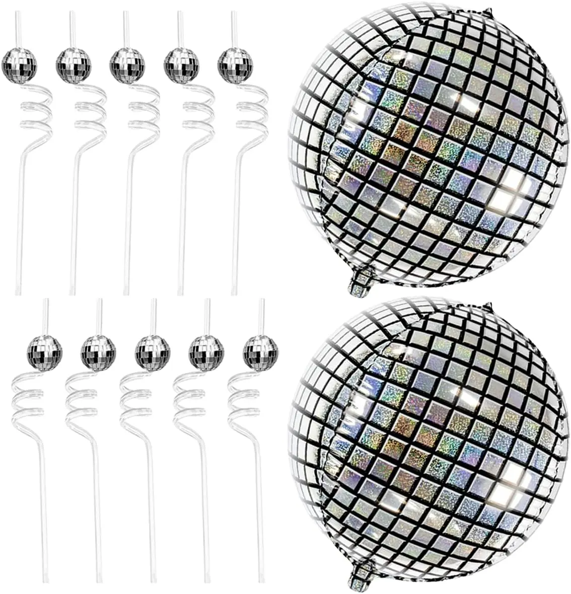 10 Disco Ball Straws and 2 Inflatable Disco Ball Balloons – Sparkly Party Decorations Bundle – Retro 70s 80s Themed Party Supplies for Bachelorette, Birthday - Party On Tap