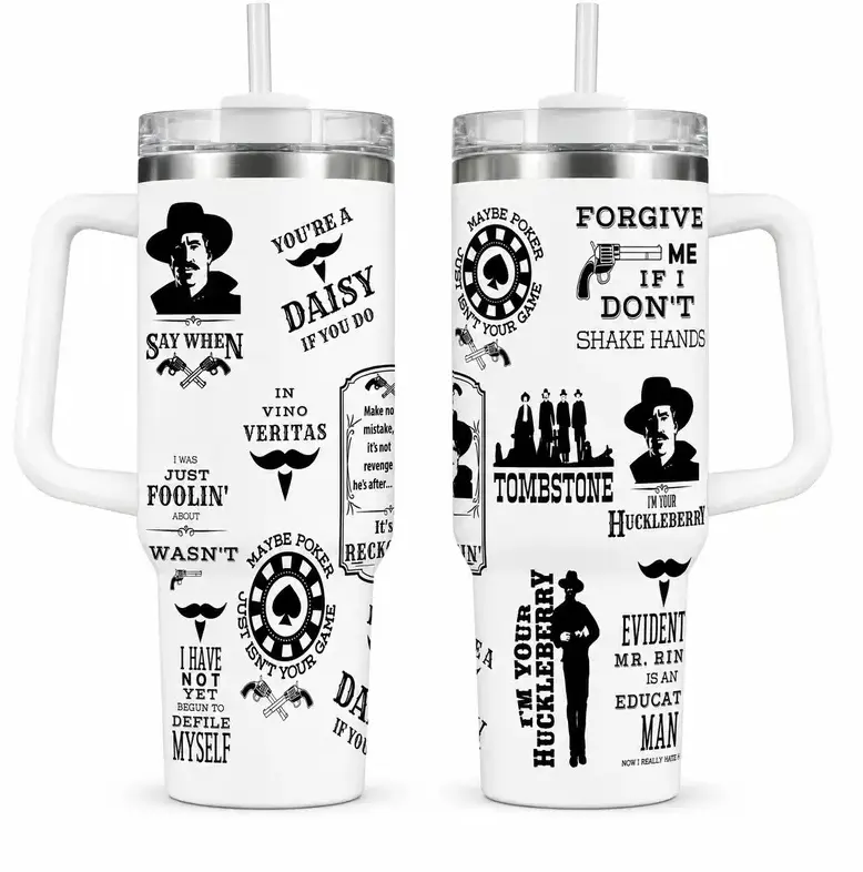 [Western Movie Cowboy Style] Doc Holliday Inspired Tumbler 40oz 20oz With Handle, Old West Cowboy Quote Artwork Stainless Steel Insulated Travel Cup, Western Movie Fan Drinkware Gift For Cowboys, Not Including Straw