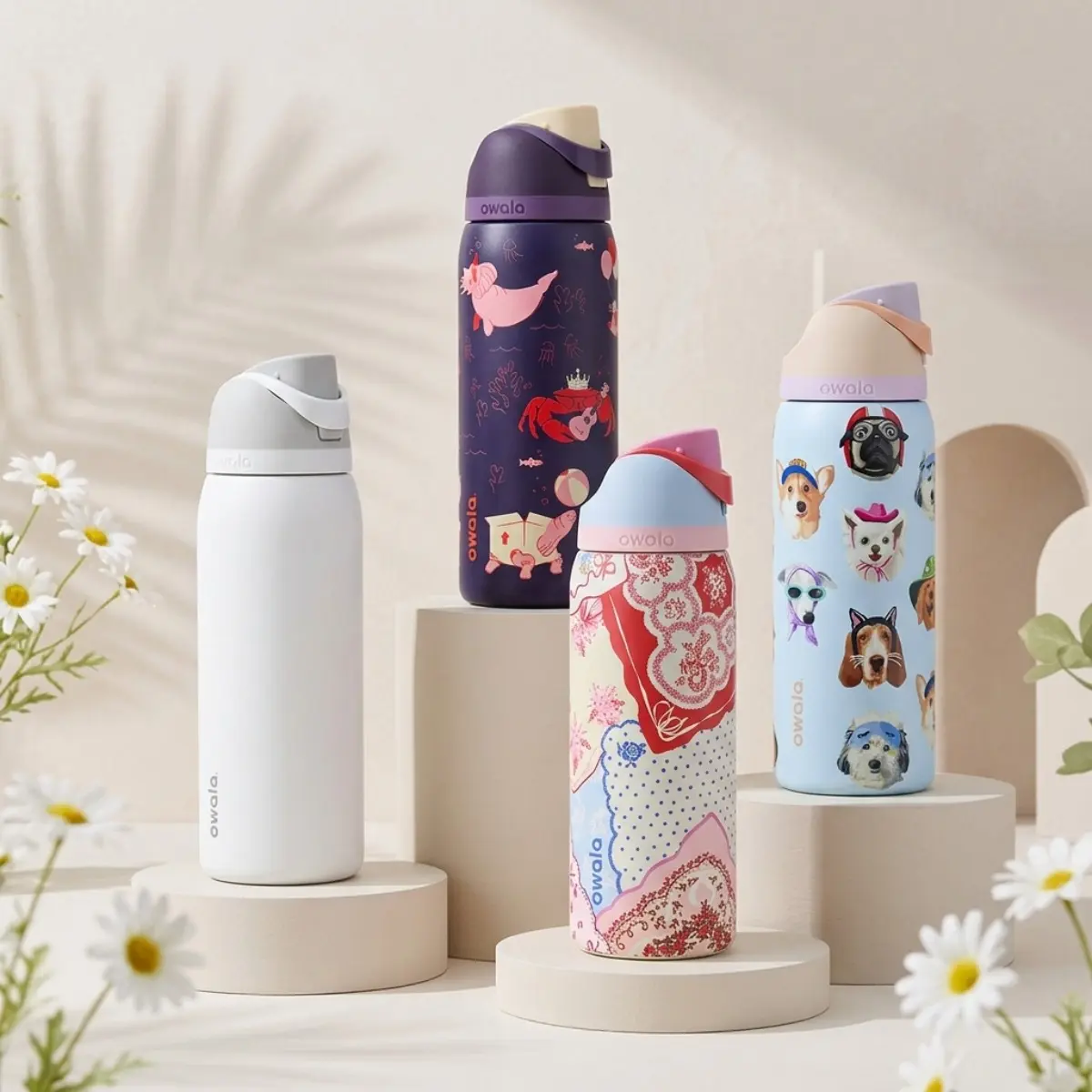 32 Oz Owala FreeSip Insulated Stainless Steel Water Bottle with Straw for Sports and Travel, Leak Proof, BPA-Free,  Dog Collage,Hankie,Shy Marshmallow