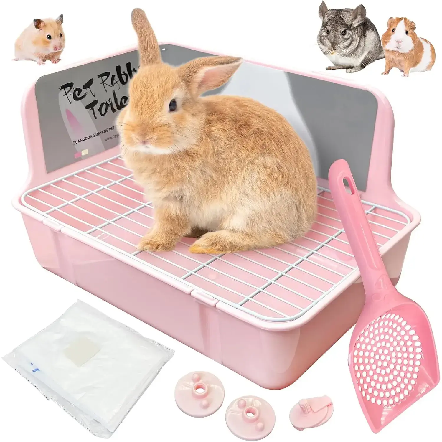 Corner Bunny Litter Tray with Grate – Space Saving Pet Litter Training Toilet Potty, Includes Scoop & 50 Disposable Liners for Sugar Gliders, Mess Prevention Small Pets