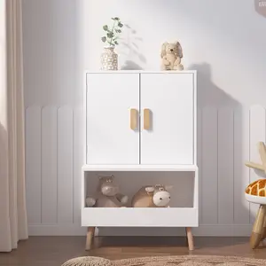 Kids Toy Storage Cabinet with Doors, Open Shelf and Large Cubbies, White Modern Wooden Organizer with Natural Wood Legs, Toddler Bookshelf for Playroom, Nursery, Large Cubbies Cabinets