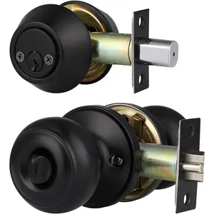 1 Pack Keyed Alike Entry Door Knobs and Double Cylinder Deadbolt Lock Combo Set, Matte Black Finished Door Lock Set, Round Style Door Knobs Deadbolt