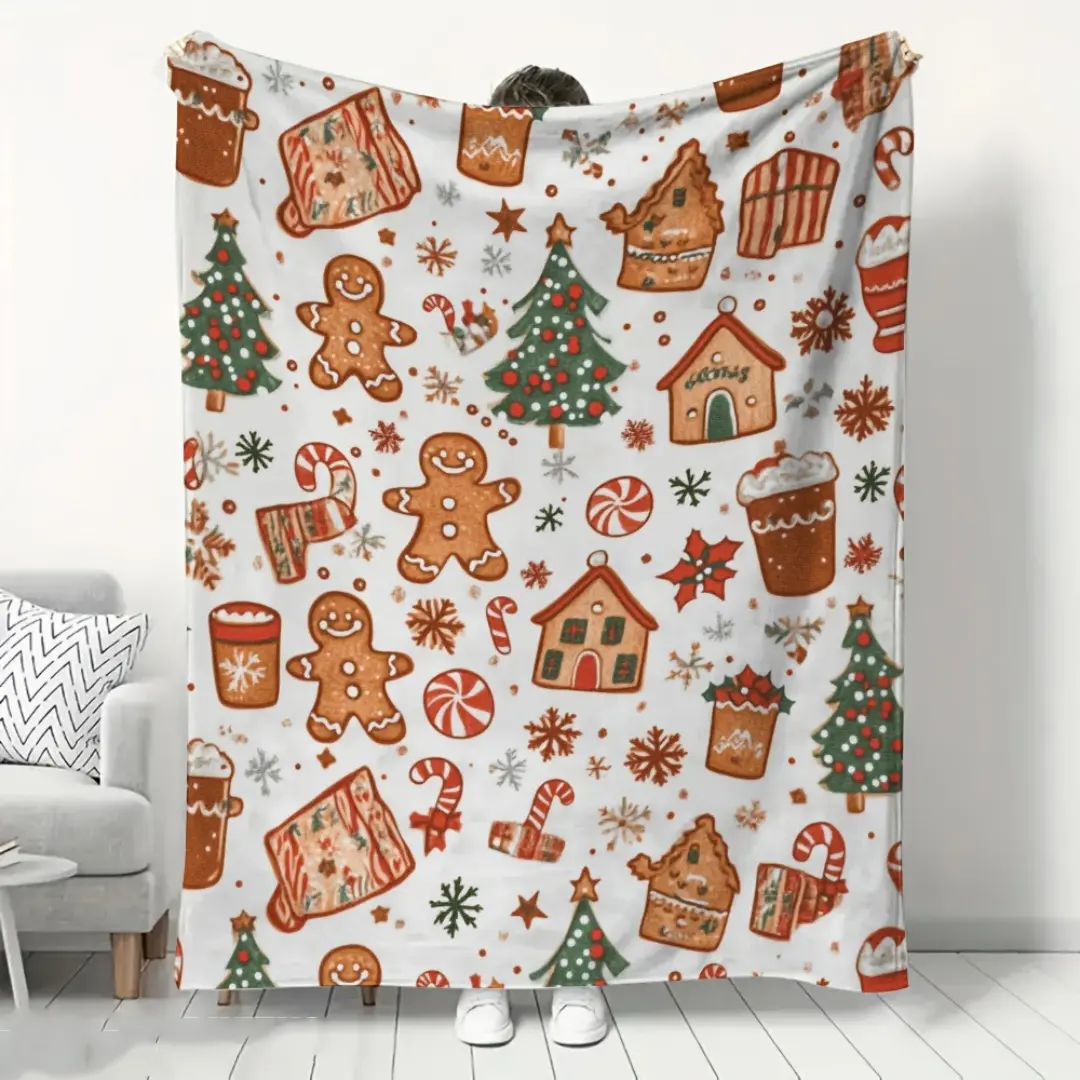 1pc Ultra-Soft Christmas Gingerbread Delight Print Flannel Throw Blanket - Twin-Size All-Season Blanket for Bed, Couch, Camping - Ideal Gift for Textiles & Soft Furnishings Enthusiasts