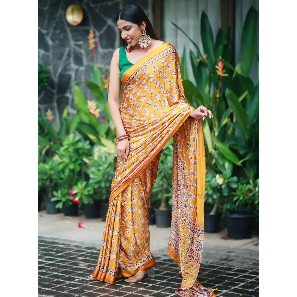 FANCY CREPE SILK AJRAKH PRINT WITH REAL MIRROR WORK SAREE WITH UNSTITCHED BLOUSE