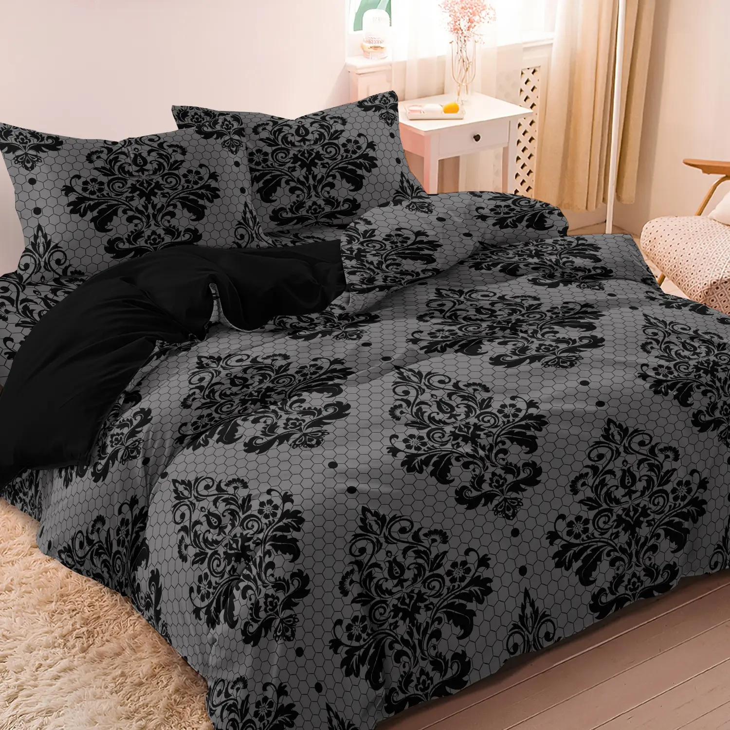 3Pcs Black Damask Floral Decorative Duvet Cover Set Gothic Bedding Set Soft Microfiber, Honeycomb Gray Base, All Sizes For Four Seasons  (Includes 1 Duvet Cover & 2 Pillowcases)