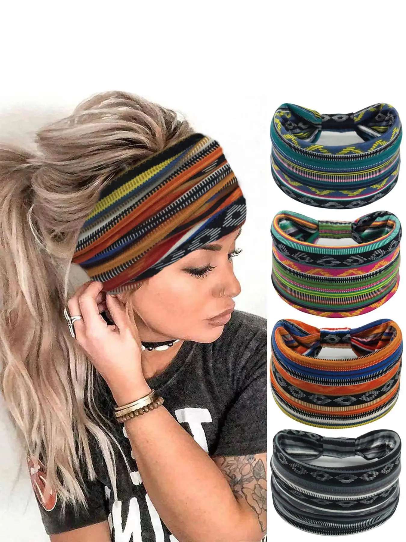 Boho Style Geometric & Striped Print Hair Band, 4pcs/set Elastic Hair Band, Sport Hair Band for Yoga Gym Workout