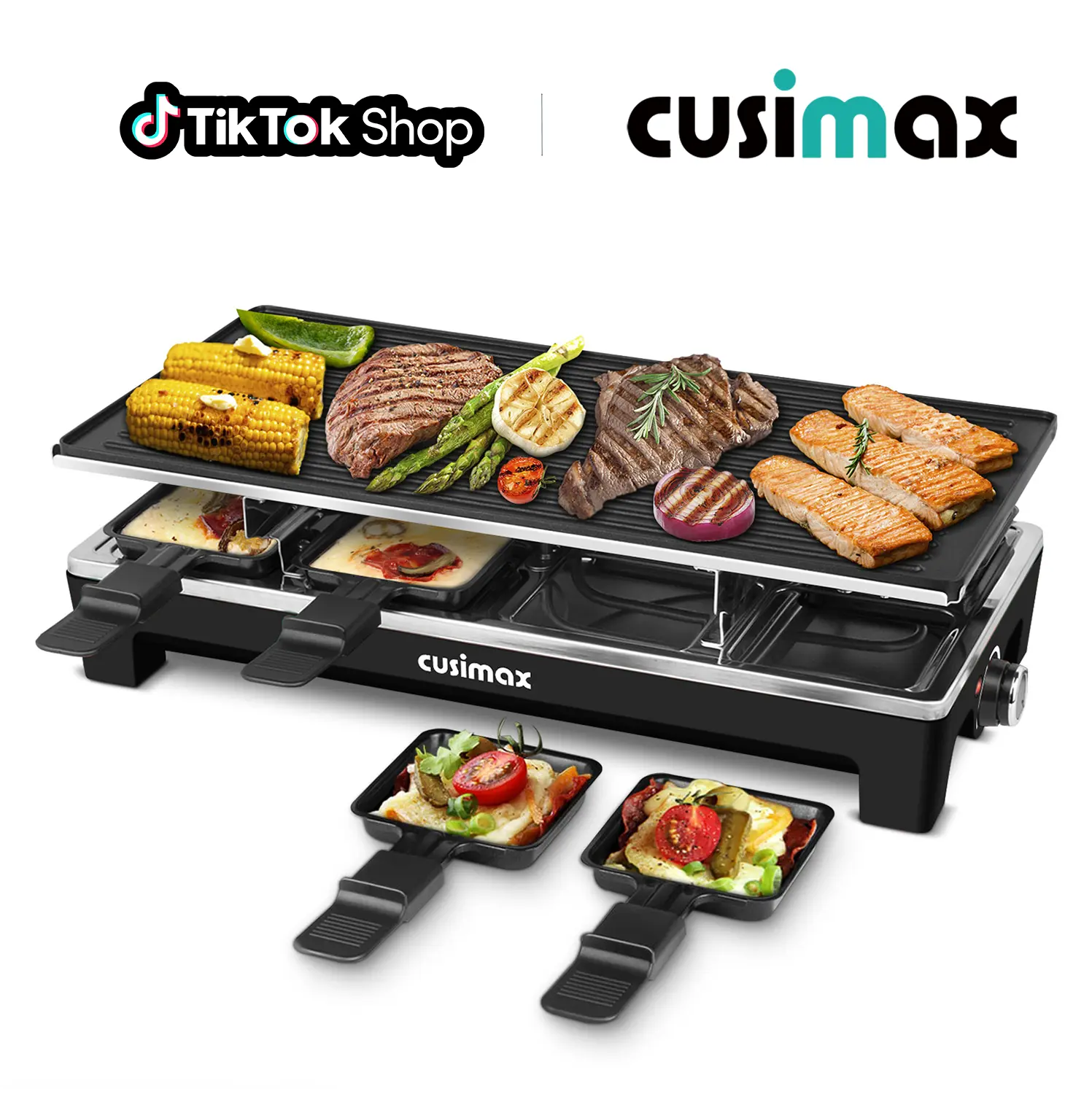 CUSIMAX Multifunction Countertop Electric Griddle - 2-in-1 1500W Corded Appliance, Double-Sided Reversible Plate, Adjustable Temp Control, 8 Paddles, Space-Saving Portable for Indoor Korean BBQ & Cheese Raclette, SummerFinds